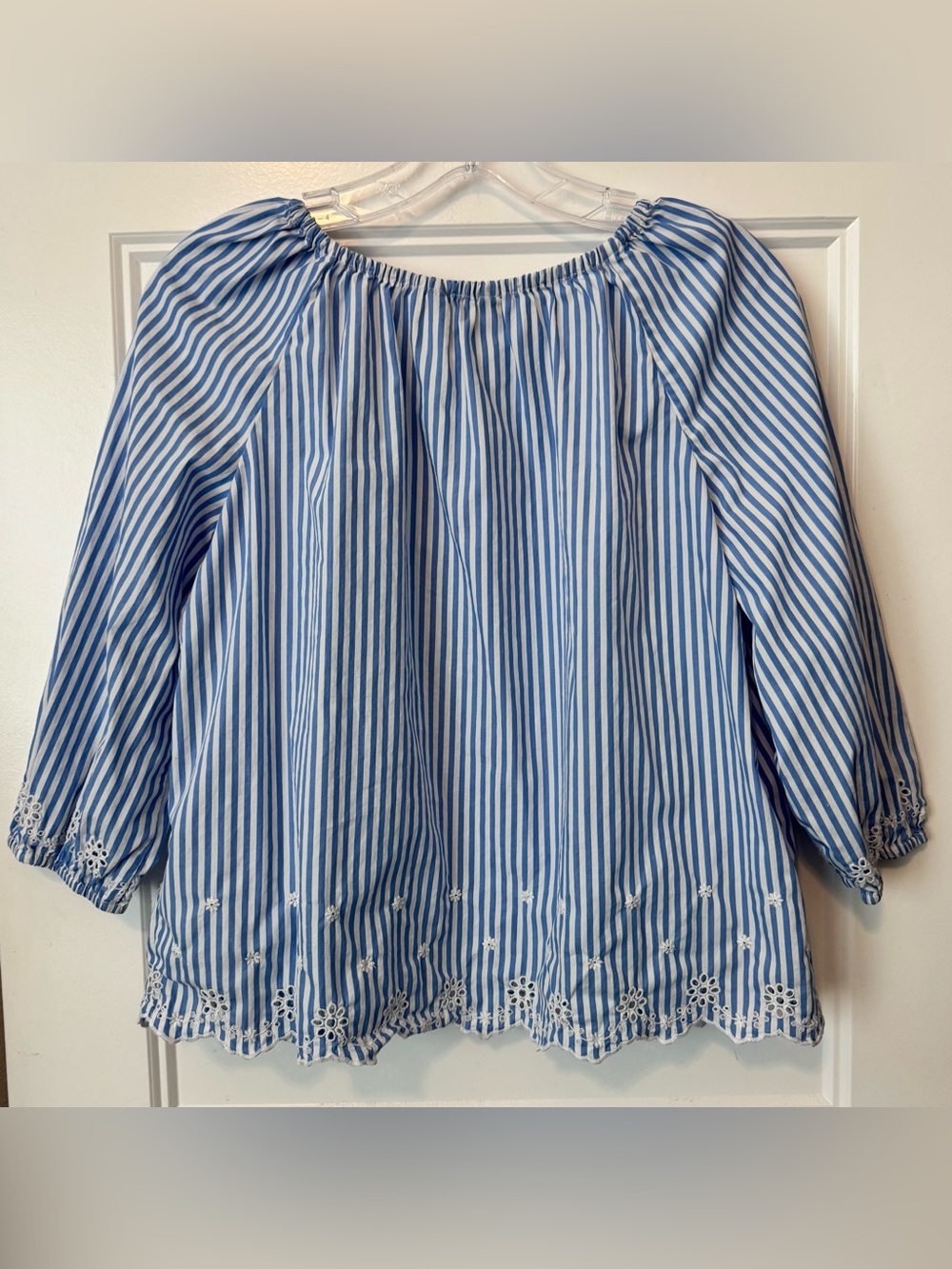 Polo Ralph Lauren Blue White Striped Eyelet Peasant Blouse 14 Cottagecore - Picture 5 of 8